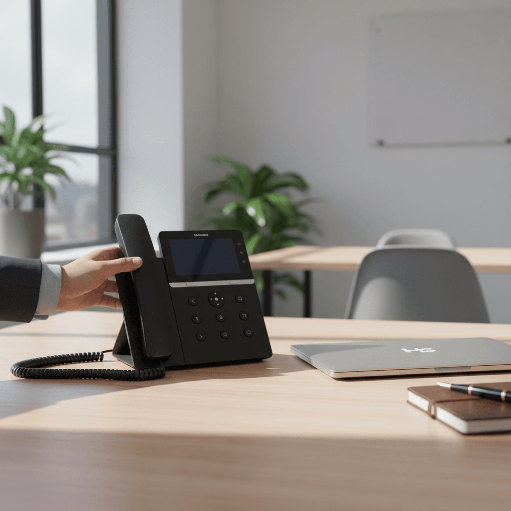 Professional hand adjusting modern IP phone on light wood desk with laptop, bright office background