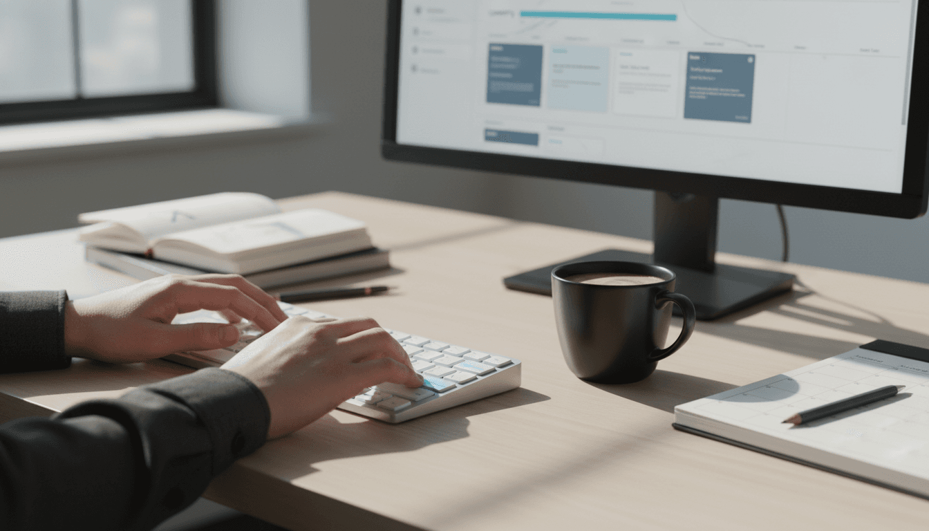 Designer's hands typing at keyboard with project management dashboard displayed on monitor in sunlit workspace