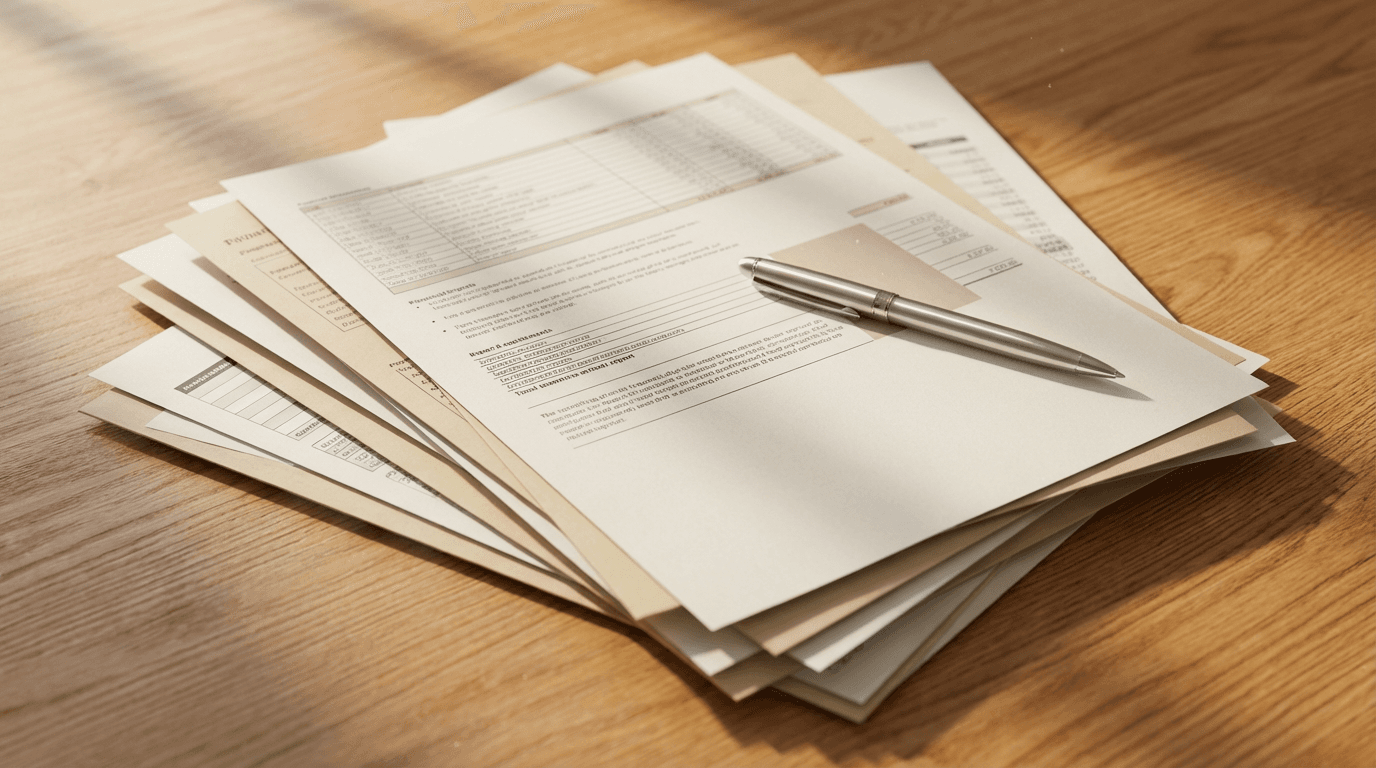 Overhead stacked financial documents with metallic pen, soft volumetric light creating long shadows, and dust motes dancing through organized layers.